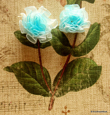 Organza Ribbon Blue and White Carnation Flower Appliques/ Crafts/ Wedding Decoration x 5